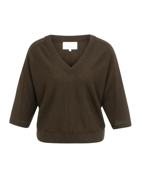 YAYA 01-000609-607 V-hals trui met driekwartmouwen en naaddetails Delicioso Brown Melange