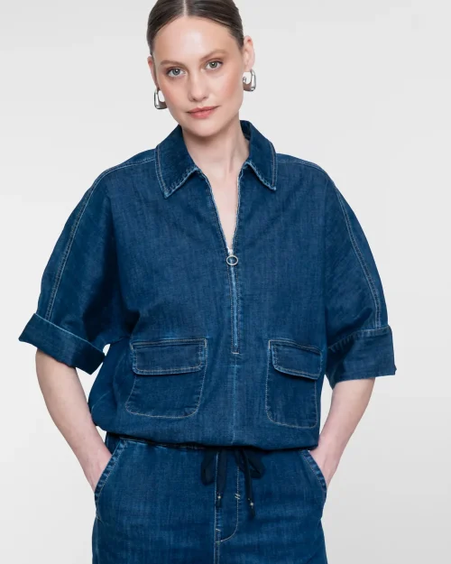 Geisha Denim blouse met boxy fit dark blue denim washed 63511