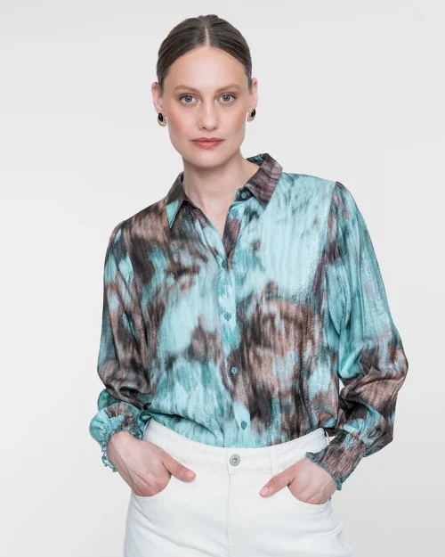 Geisha Blouse met aquarelprint bruin blauw 63658