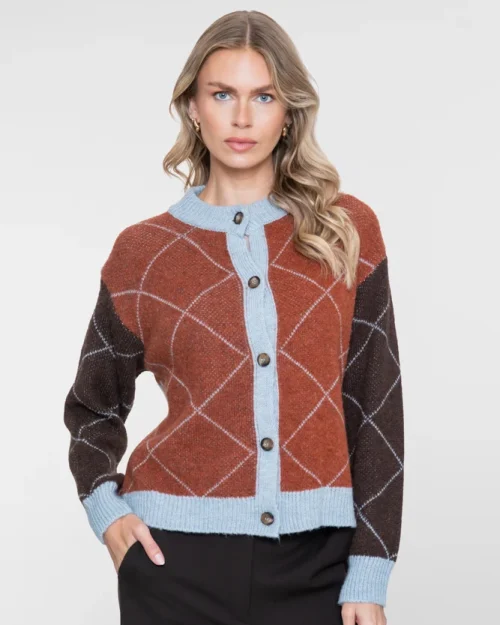 Geisha Cardigan met ruitdessin toffee/brown/lightblue 64558