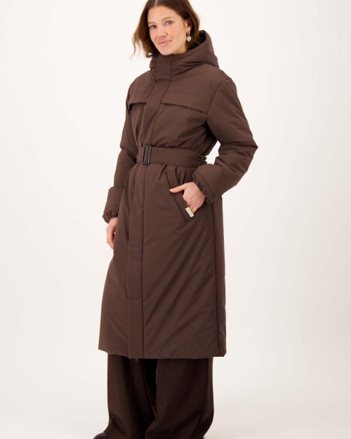 Zusss long padded coat with belt choco
